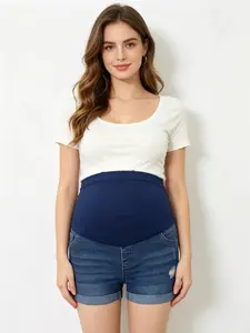 Blue Pregnant Jeans Shorts, Summer Belly Support Pants, Simple Ripped Thin Design, Comfortable Daily Wear, Fashionable and Versatile