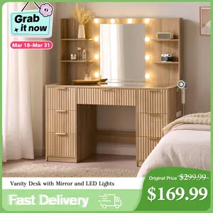 [Spring Sale] AMERLIFE 36.2/47.2" Fluted Vanity Desk with Mirror and Adjustable LED Lights, Large 4/7 Drawers Makeup Table with Glass Top and Charging Station for Women and Girls, Bedroom or Dorm/Best Gift Ideas/Christmas Gifts
