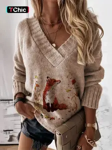 Women's Fox Print Drop Shoulder Sweater, Casual Long Sleeve V Neck Jumper for Fall & Winter, Fashion Ladies' Knitwear for Daily Wear