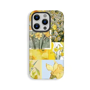 Stylish Daffodil Collage Pattern Rugged Smartphone Casing, Springtime Cute Protective Accessory for Him, Shockproof Double-Shell Anti-Drop Wear-Resistant Cellphone Handheld Case Compatible with iPhone 11/12/13/14/15/16/17 Pro, ProMax, Plus, Air