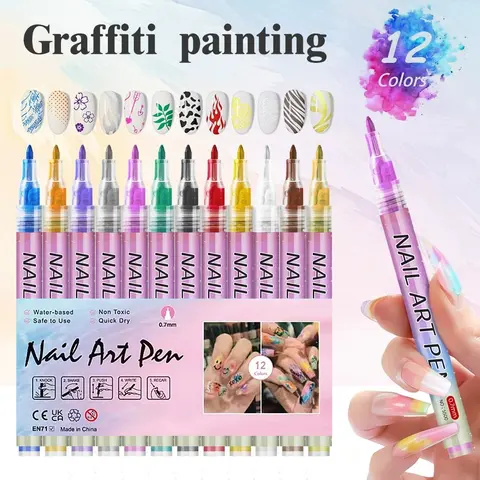 1 Box 12 Color Nail Polish Pens, 3D Manicure Pen Set, Nail Dot Painting Brush, DIY Nail Art Marking Pen, Professional Nail Art Tools, Nail Art Design, Nail Art Supplies
