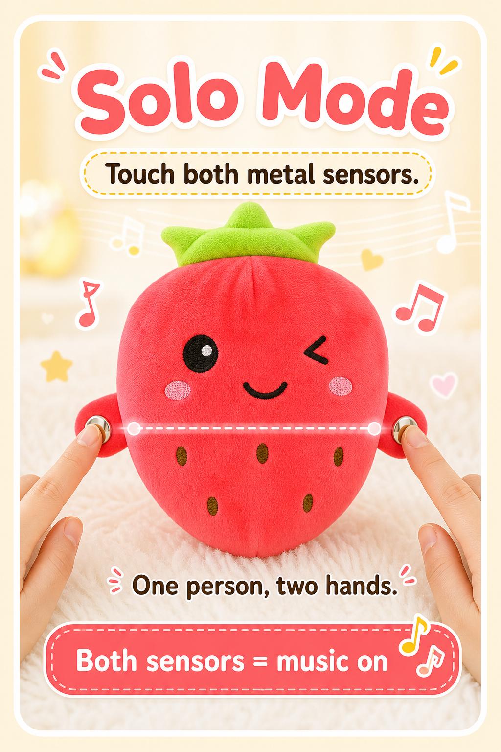 Soft Plush Interactive Musical Fruit Shapes Stuffed Toy (Banana/Strawberry) for Ages 3+, Tactile Play, Touch Sensors, 15 Built-In Songs, 2-Player Mode Parent-Child Interaction, Free Rechargeable AA Starter Kit (Batteries+Mini Screwdriver), 22x9.5x20cm, Tw