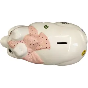 Ceramic Piggy Bank with Pink Bow Design White Money Savings Container Adorable Floral Pattern & Number Details