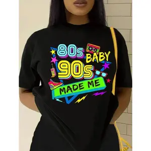 Women's Crop T - Shirt/ Crew Neck/ Black/ Cotton/ Breathable/ Retro - Themed/ 80s BABY 90s MADE ME Print/ 80s & 90s Icons Graphic/ Nostalgic/ Fun/ Casual