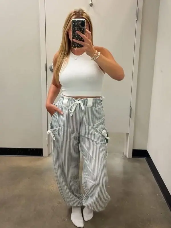 Women's Textured Stripe Bow Detail Wide Leg Pants Casual Drawstring Lounge Pants