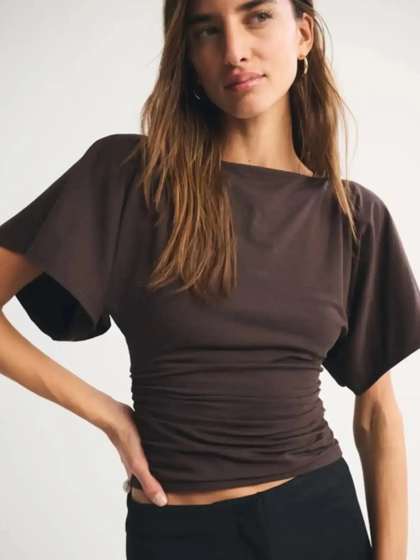 Women's Stunning New Batwing Sleeve Ruched Waist Fit Top, Fashion Y2K Trend Casual Versatile Womenswear Shirt, Soft and Comfortable Basic T-Shirt for All Seasons, effortless layering, chic everyday, refined casual