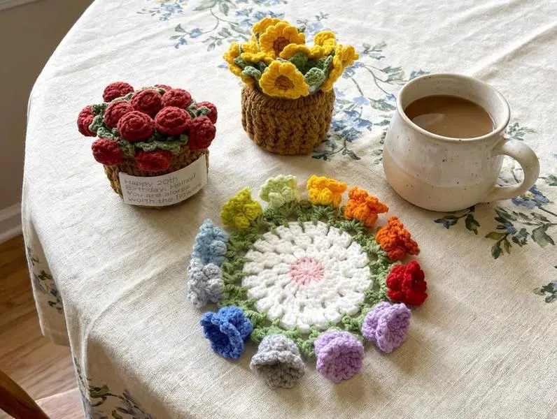 Crochet Flower Coasters with Cart Basket Holder Floral Set Sunflower Lily of the Valley Rose Home Decor Gift House Warming Cup Mug