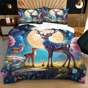 Christmas Lighted Double Reindeer Bedding Duvet Cover Set (2/3 Pcs) 1/2 Pillowcases (no Filler) Moonstar Reindeer Gift Fits Bedroom, Art Apartment, Couple Residence, Family Suite, Homestay King Room. for Couples, Kids, Families, Young Couples, Renters.