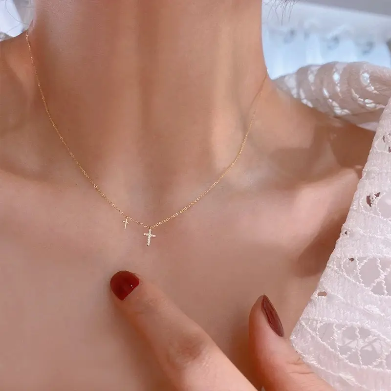 Delicate 14K Gold Plated Double Cross Necklace with Cubic Zirconia - Dainty Layering Chain for Women