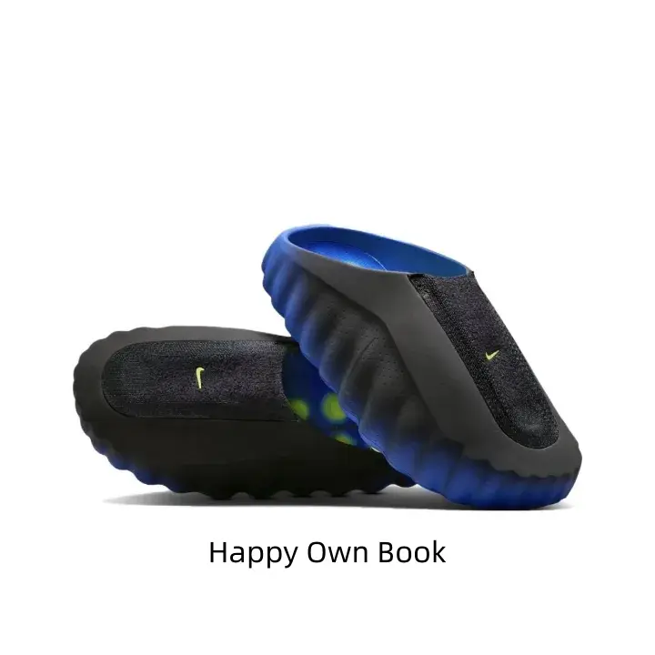 Gradient black blue two-tone slide clogs, matte rugged woven-free molded foam construction, bright lime circular massage insole bold accents match dark casual, athletic & streetwear fits