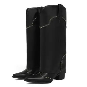 Women's Studded Cowboy Fold Over Boots | Wide Calf Pointed Toe Chunky Heel Knee High Boots | Western Style Fall Winter Fashion