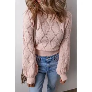 Gossamer Pink Openwork Plaid Puff Sleeve Cropped Sweater