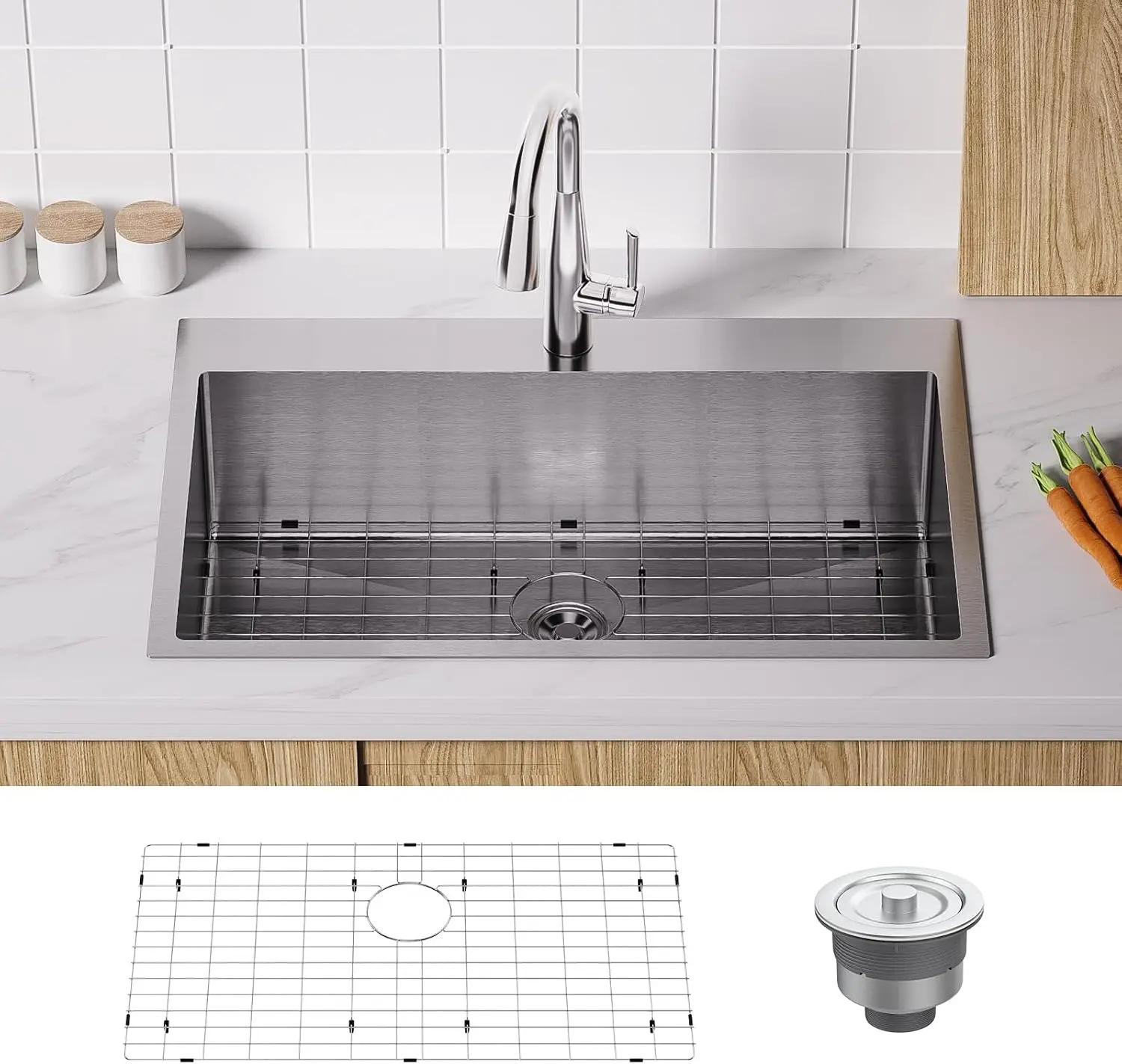 Bonnlo 33Inch Top mount Kitchen Sink Drop-in, Farmhouse Kitchen Sink with Sink Protector 18 Gauge, Workstation Sink, Stainless Steel Single Bowl Kitchen Sinks for RV, Travel Trailer, Garage, 33x22x9