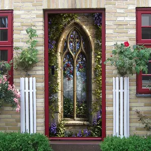 2pcs Gothic Church Stained Glass Wall Stickers Vintage Colored Window Decals Self Adhesive Removable Glass Door Stickers Living Room Bedroom Decorative Art Stickers European Architectural Style Decals Fe