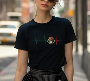 100%cotton Mexico Heartbeat EKG Pulse Mexican Pride Emblem Mexico Flag T-Shirt