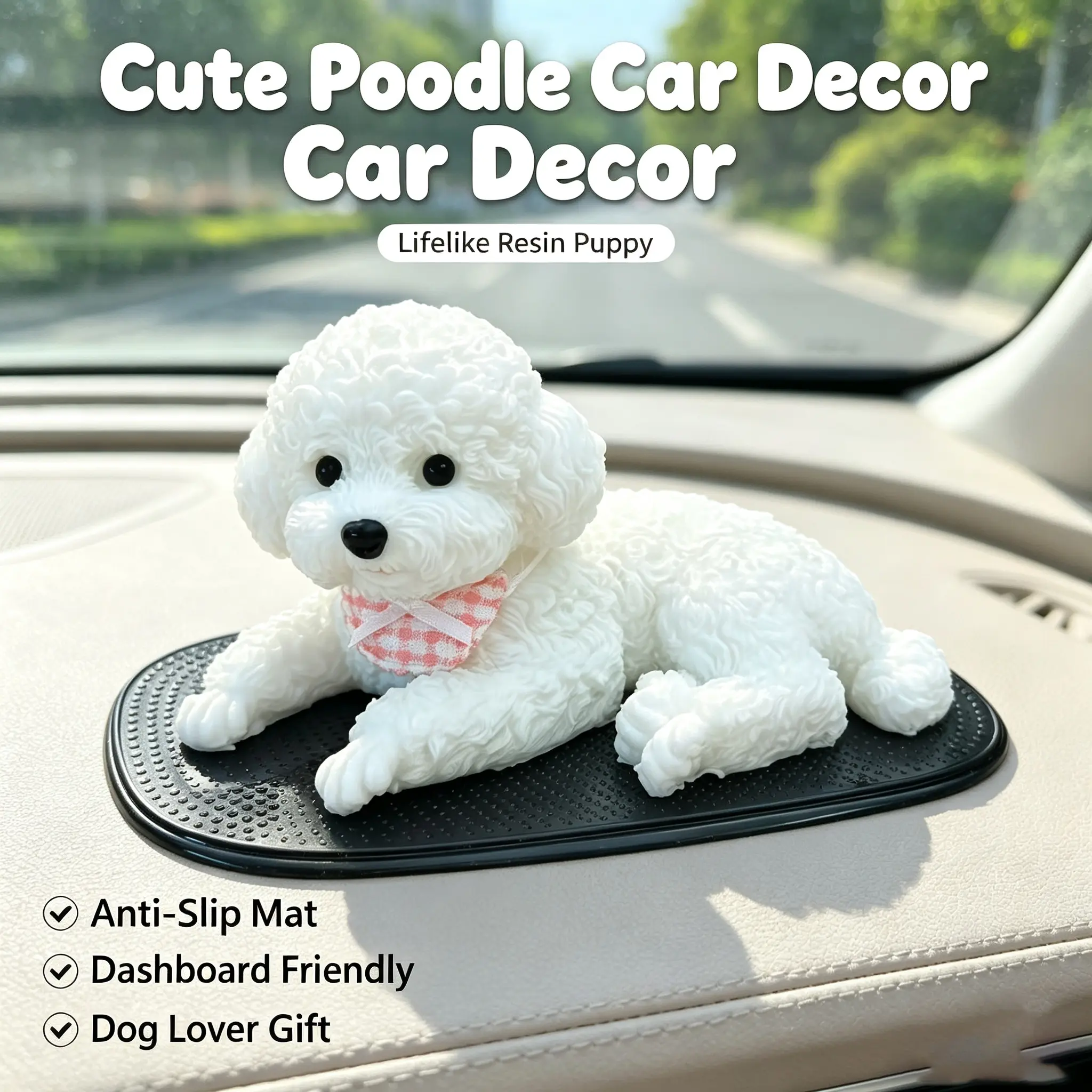 Cute white puppy car ornament—an attractive dashboard decoration with a non-slip pad; a sweet gift for dog lovers and an essential stress-relief item for the office.