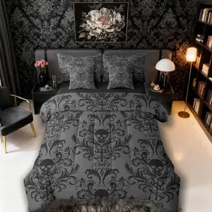 Gothic Damask Bed in a Bag,Comforter Set,7 Piece,Sugar Skull Bedding Sets,Black Grey Victorian Floral Goth Sheet Set,with Comforter,