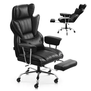 Ergonomic Executive Office Chair With Footrest And Lumbar Support, 400 Lbs Capacity, Wide PU Leather Big And Tall Reclining Desk Chair, Adjustable Tilt, Solid Metal Base, Silent Smooth Wheels, Black