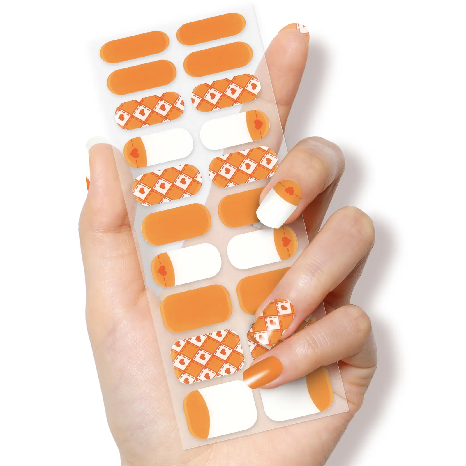 Vibrant Chic: Orange and White Argyle Gel Nail Strips, Gel Nail Stickers, Nail Art Stickers