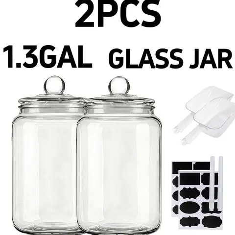 2 pcs 1.3 Gallon Glass Jars with Lids - Airtight Food Storage Containers, Perfect for Coffee, Snacks, and More - Ideal Gift for Homemakers & Organizers, Includes 2 Scoops, 2 Erasable Pen, and 2 Stickers, Kitchen Essentials|Round Glass Jars|Reusable Glass