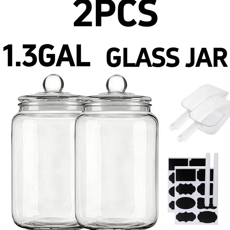 2 pcs 1.3 Gallon Glass Jars with Lids - Airtight Food Storage Containers, Perfect for Coffee, Snacks, and More - Ideal Gift for Homemakers & Organizers, Includes 2 Scoops, 2 Erasable Pen, and 2 Stickers, Kitchen Essentials|Round Glass Jars|Reusable Glass