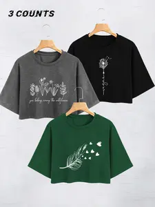 Women's Round Neck Graphic Loose Crop Tee, Fashion Casual Streetwear Drop Shoulder Short Sleeve Cropped T-shirt, Ladies Summer Clothes for Daily Wear