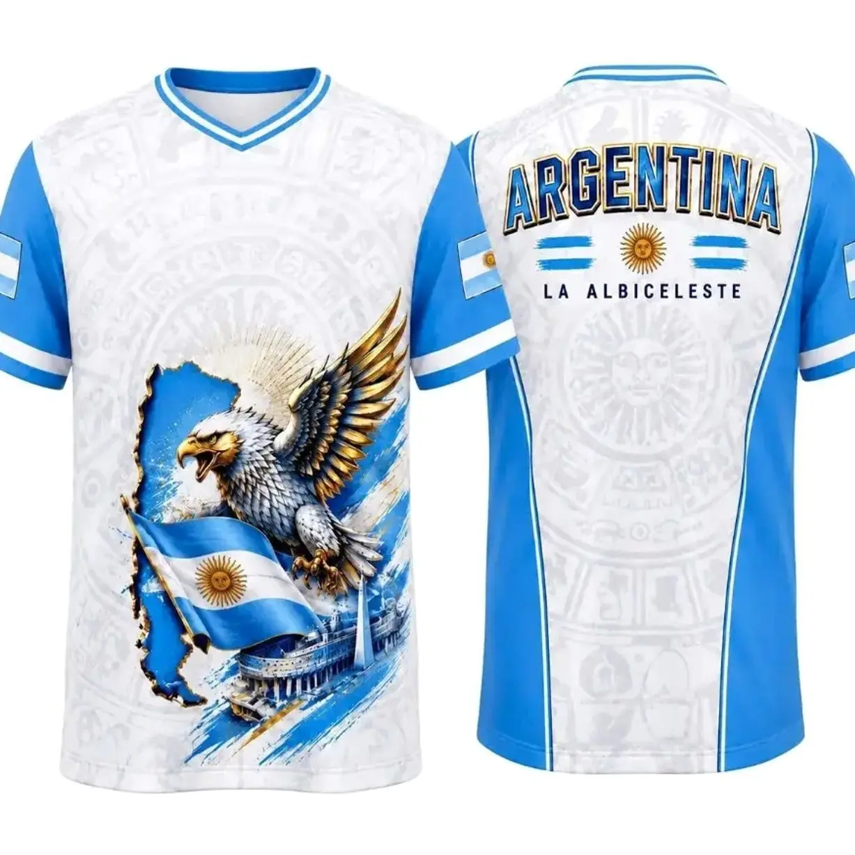[FULL LOGO] - Argentina Eagle Graphic Soccer Jersey – Blue and White Short Sleeve Football Fan Shirt, Personalization upon request - Personalization upon request
