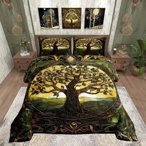Feelyou Multi-Size Polyester Fiber Tree Life Duvet Set - Queen Bedding Sets, Abstract Trees Design, Modern Rustic Artwork Home Decor, Dark Green U-Stitching Quilted Fabric, Travel-Ready