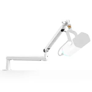 fifine Low Profile Podcast Microphone Stand, BM88 Gaming Mic Boom Arm with Desk Mount, Cable Channels Management, Adjustable Metal Boom Arm White for Recording/Streaming/Gaming/Home Office