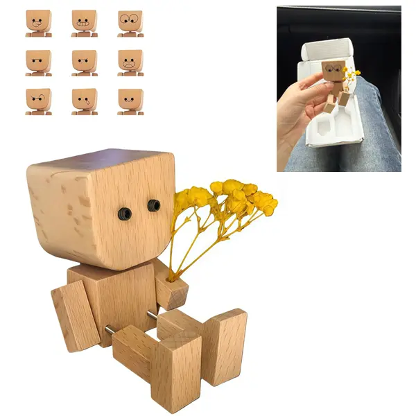 Multifunctional DIY Wooden Figure with 12PCS Magnetic Expressions - Car Dashboard Accessory, Office Desktop Ornament, Birthday Gift for Car Decorating Enthusiasts