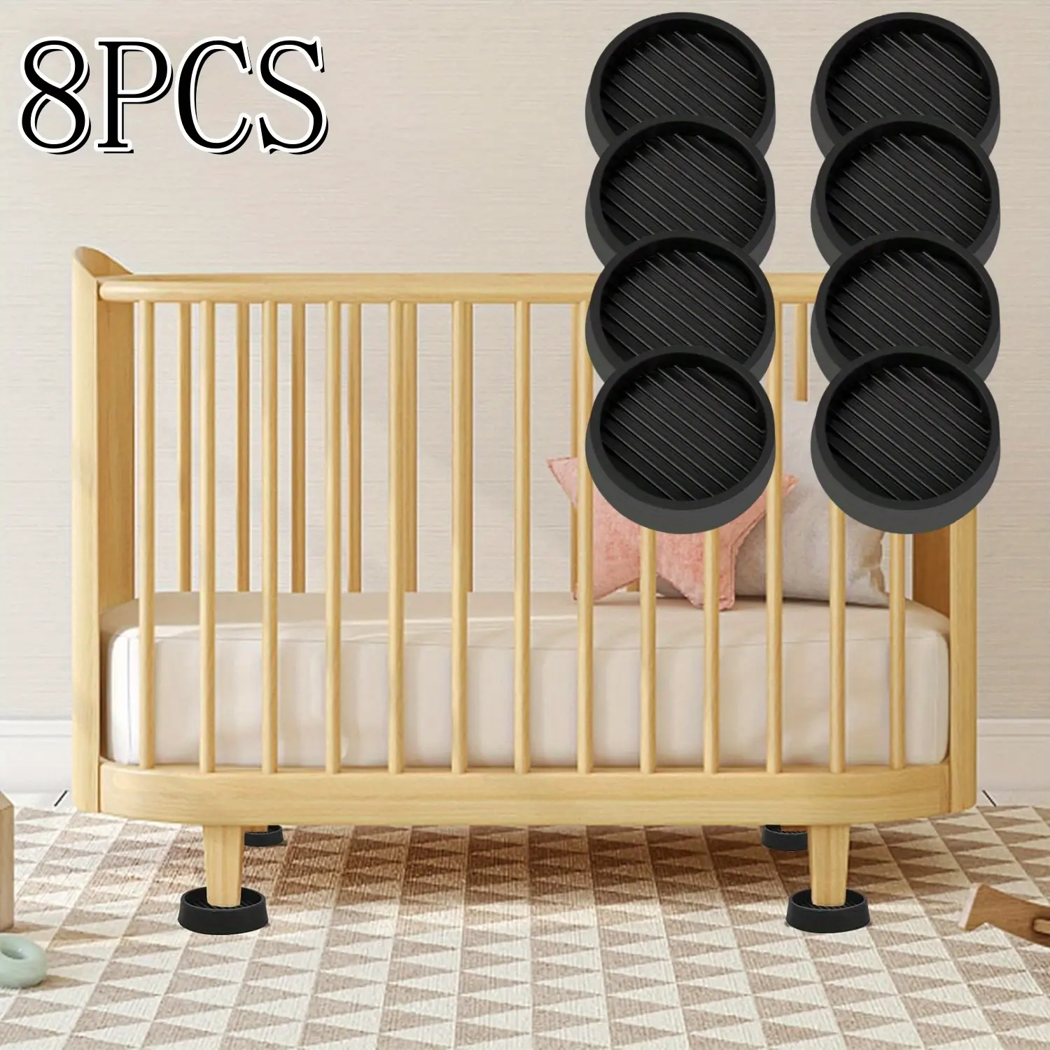 8pcs 2 Inch Non Slip Furniture Pads- Rubber Anti Skid Caster Cups, Leg Coasters- Couch, Chair, Feet, and Bed Stoppers- Anti-Sliding Floor Protectors, Round Black