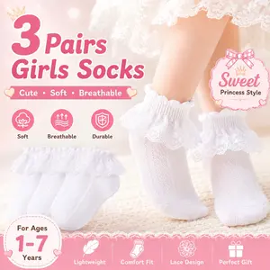 3 Pairs Cute Girls' Sheer Lace Socks, Princess Ruffle Short Socks, Soft Breathable Toddler Socks, Fashion Kids Gift for All Seasons