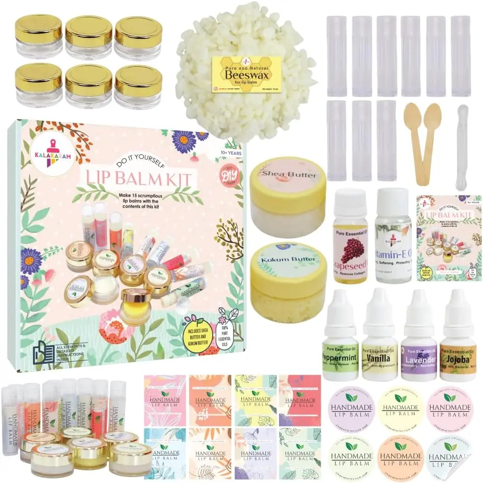 Kalakaram DIY Lip Balm Making Kit - Make 15 Lip Balms with Shea & Kukum Butter, Beeswax, Vitamin E Oil, Grapeseed & Essential Oils, DIY Activity Kit for Kids & Craft Kit for Girls 9-12