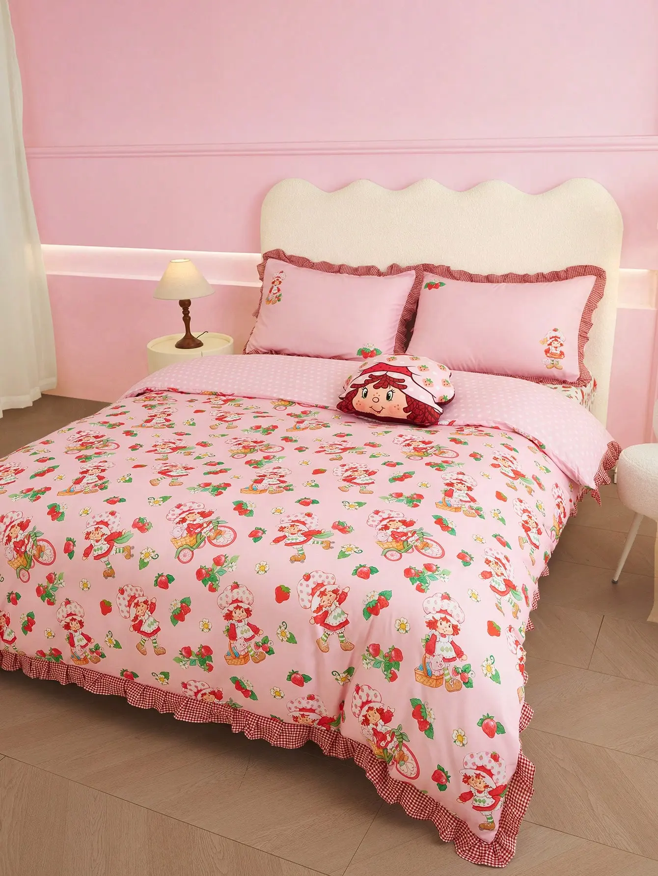 Strawberry Shortcake Bedding Set - Cartoon Figure, Gingham Ruffle Trim, Adorable Room Bedroom Decor Ideas for Girls
