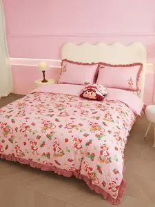 Strawberry Shortcake Bedding Set - Adorable Room Decor with Cartoon Figure, Gingham Ruffle Trim for Fruit Enthusiasts