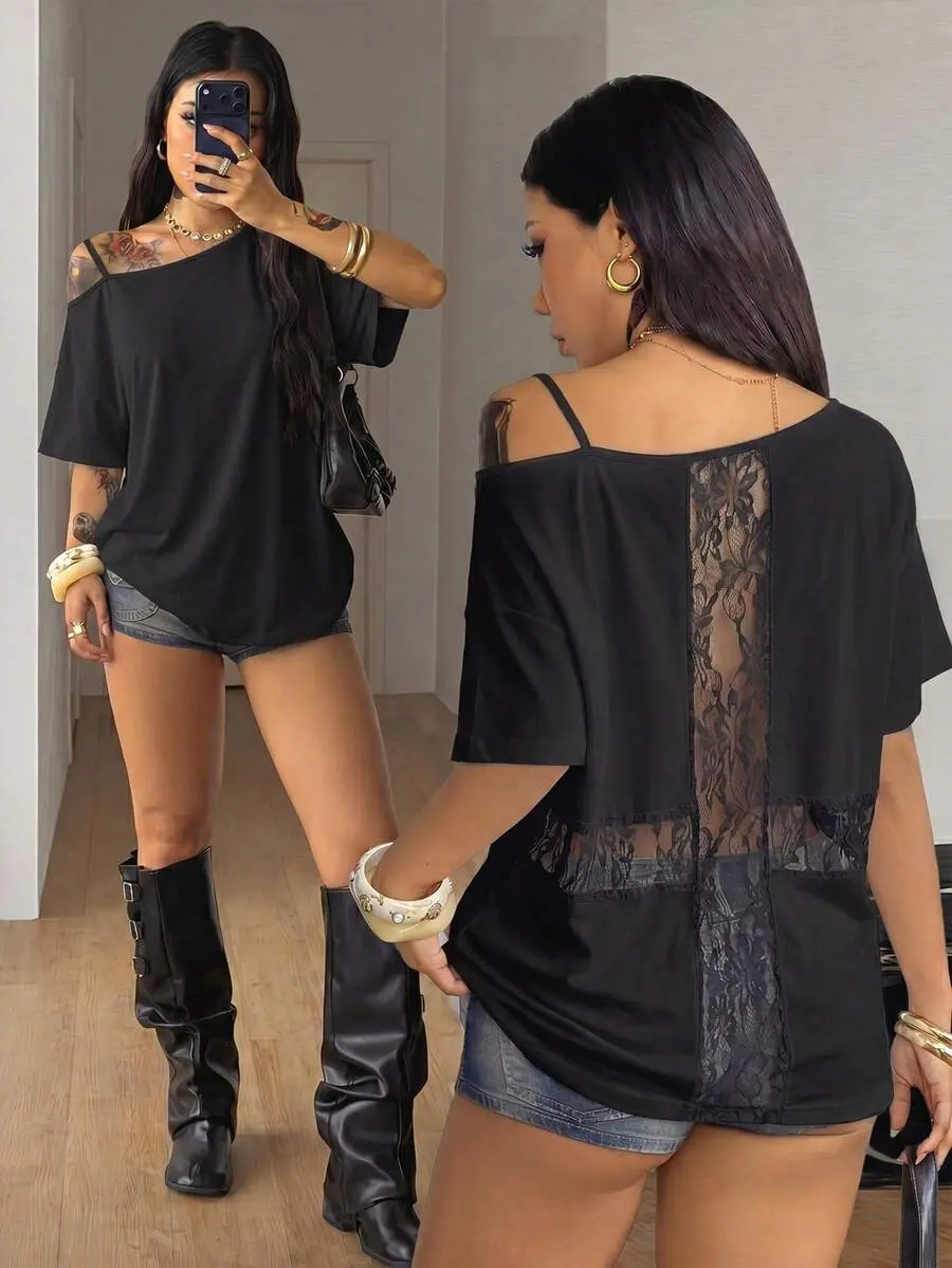 PAPER Women's Black Asymmetrical Neck Backless T-Shirt, Contrast Lace Short Sleeve Top for Summer Casual Streetwear