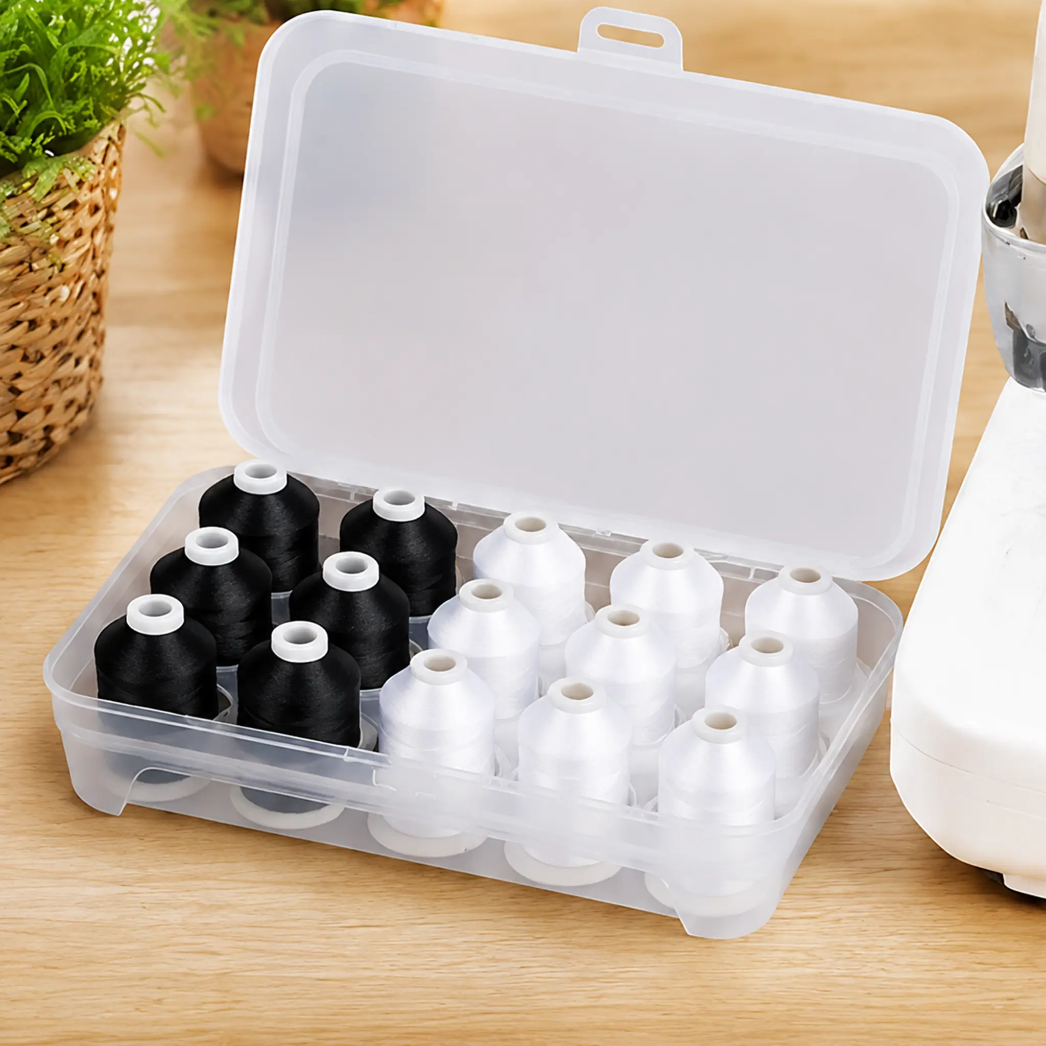 Simthread Machine Embroidery Thread Set, 15 Spools Polyester Thread Kit (9 White 6 Black), 1000M (1100Y) with Storage Box, Sewing Machine Thread for Embroidery, Quilting, DIY Sewing Projects