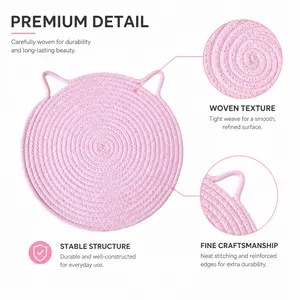 Woven Round Coaster, pink cat ear shaped mat with two loop handles, suitable for placing hot drink cups on dining tables, desktops and kitchen countertops
