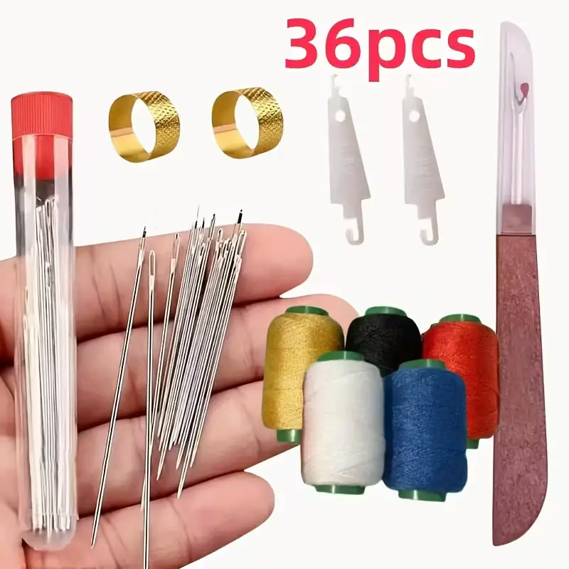 36PCS Steel Needles Set for Quilting & Sewing with Threads Tools Big Eye Design Gold Rings Ideal for DIY Projects Crafting Tasks Portable Essential