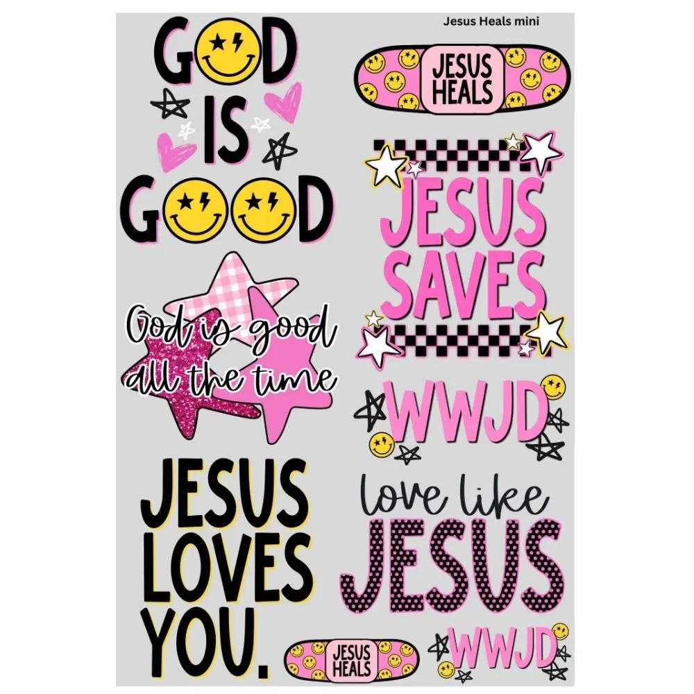 Jesus Heals Mini DTF Transfer Gang Sheet 24.5" wide x 36" long. Direct To Film Mini Gang Sheet