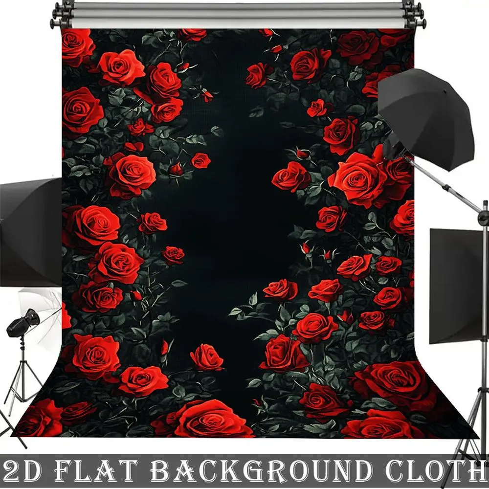 1PC Polyester Photo Backdrop - 2D Flat Vintage Red Rose Black, Standing Banner, Birthday/Wedding Party Decoration, High-Res Print, Washable & Durable, Multiple Sizes, Studio Portrait & Influencer Live Stream Prop,summerwins