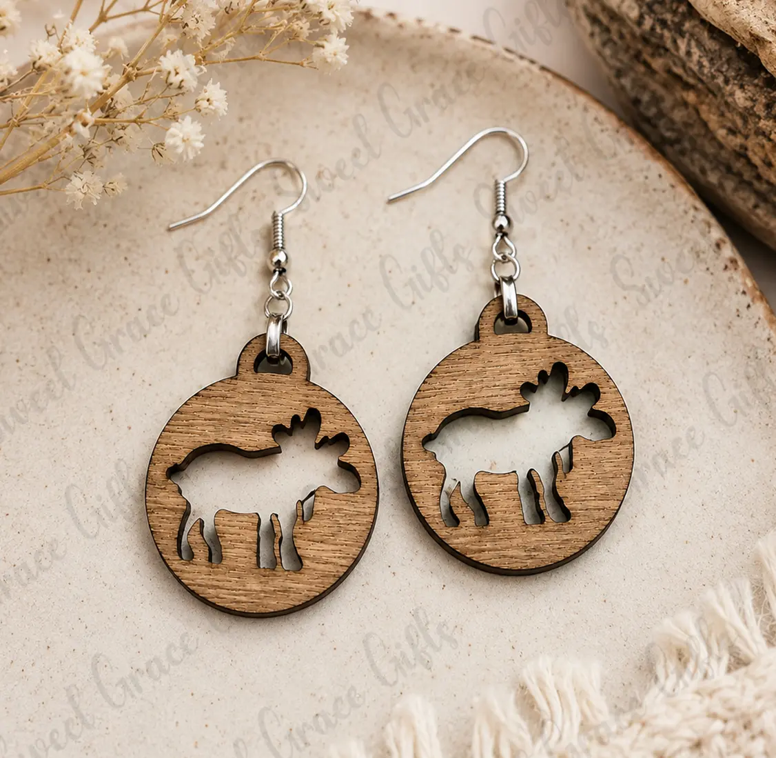 Wooden Moose Earrings | Rustic Wildlife Dangle Earrings | Moose Lover Jewelry | Cabin Decor Inspired Gift for Nature Lovers