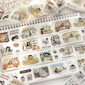Handmade Craft Tape Roll/bag, Origami Material, Cat Coffee Shop Series, Cat Pattern Decorative Tape for Bullet Journaling & Water Bottle Decoration