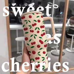 1 Pc 40oz Stainless Steel Double Wall Insulated Cup with Handle & Straw, Sweet Cherry Design, Leak-Proof Travel Mug Tumbler, Keeps Hot 12hr Cold 24hr