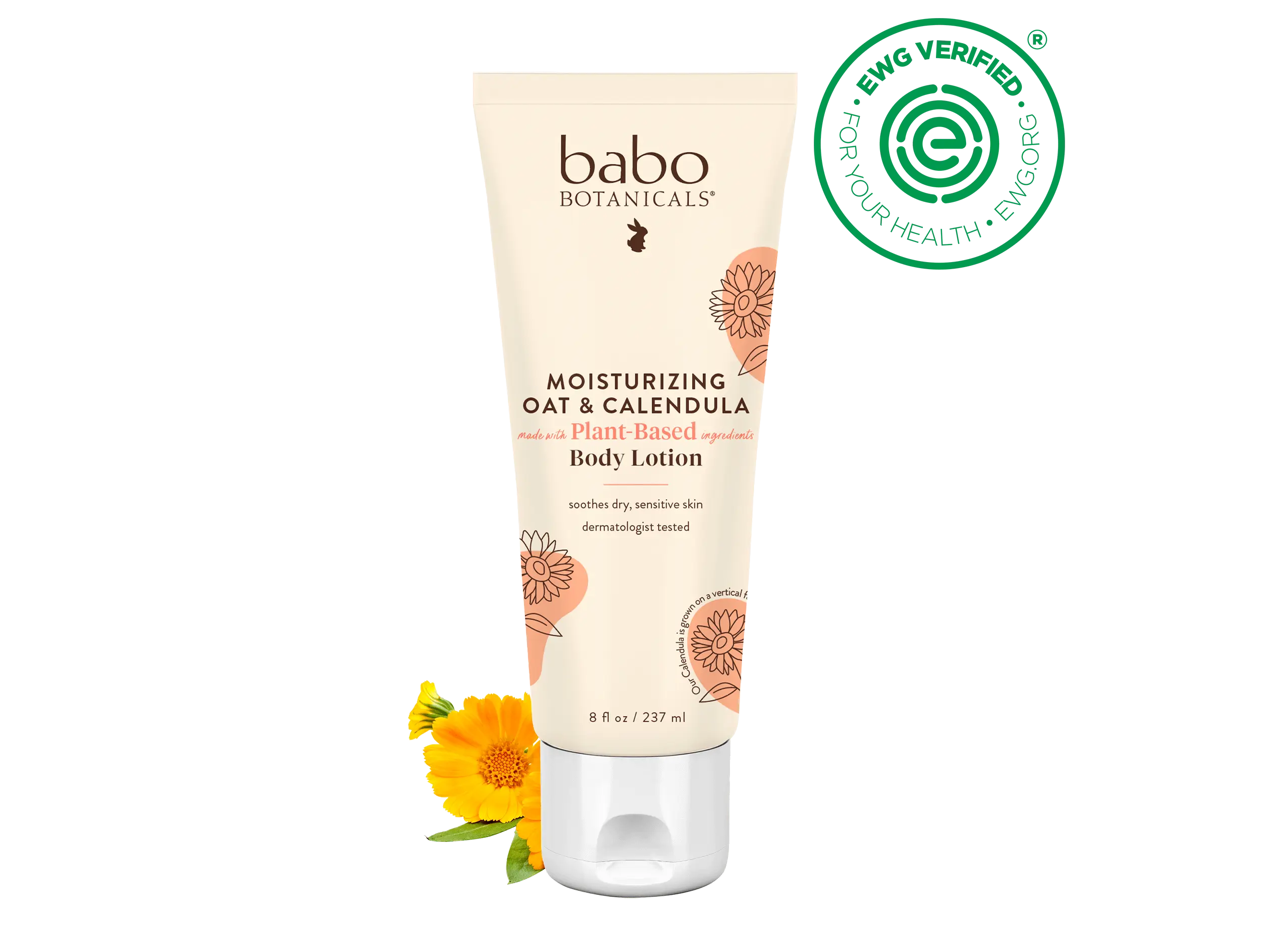 Babo Botanicals Moisturizing Oat & Calendula Body Lotion - Made with Plant-Based Ingredients, Soothes Dry, Sensitive Skin, Dematologist Tested, 8 fl oz (237 ml)