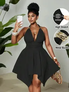 Women's Olive Green Summer Elegant Jacquard Knit High Stretch Halter Neck Dress for Night Out & Club, Metal Decor Buckle Asymmetric Hem Backless Dress