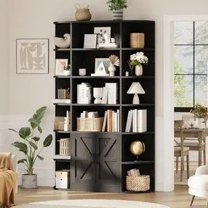 75in Tall Bookshelf with Storage, 6-Tier 47" Wide Modern Farmhouse Standing Bookcase Cabinet Display Shelf Organizer for Home Office Living Room Bedroom, Black