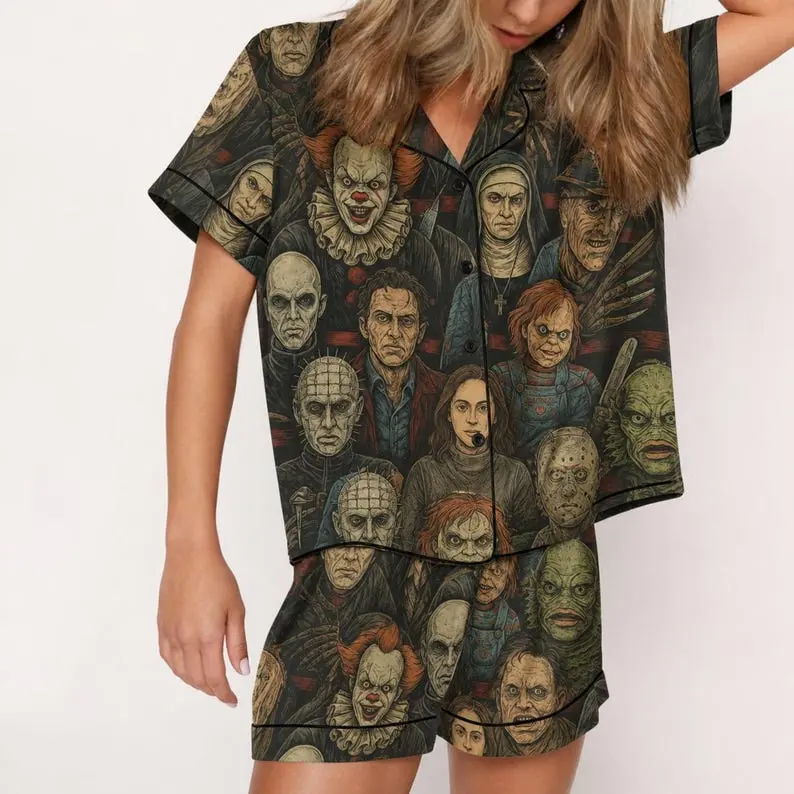 Spooky Horror Satin Pajama Set, Halloween Matching PJs for Couples, Men’s Women’s Long Sleeve or Short Sleeve Sleepwear, Cozy Loungewear and Festive Nightwear Gift