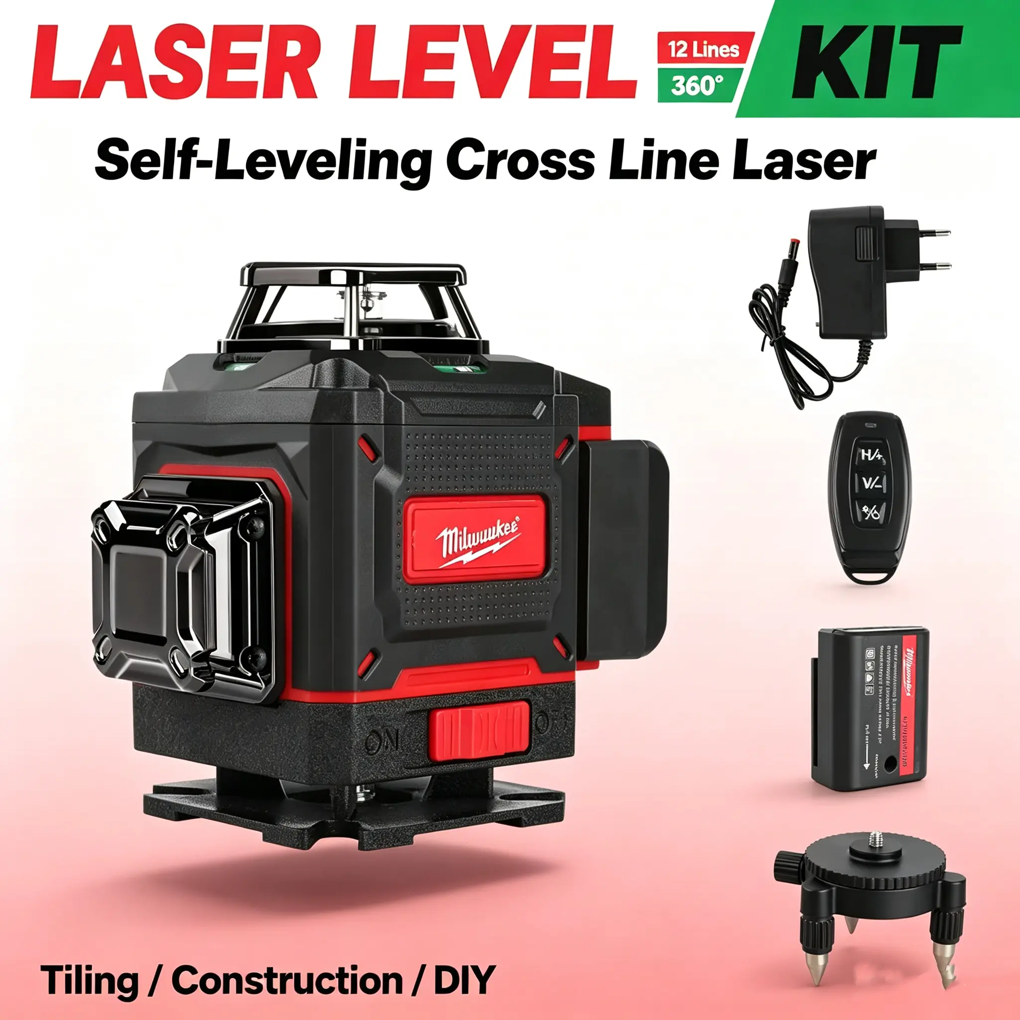 3-4D Milwaukee Green Beam Laser Level, 16-Line 360° Self-Leveling Vertical Cross Line Laser, Rechargeable Battery-Operated Hand Measuring Tool