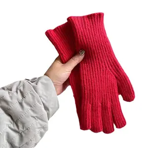 Red Christmas Knitting Gloves with Touchscreen Fingertips Thermal Wool Blend Cold Protection Winter Wrist Warmers